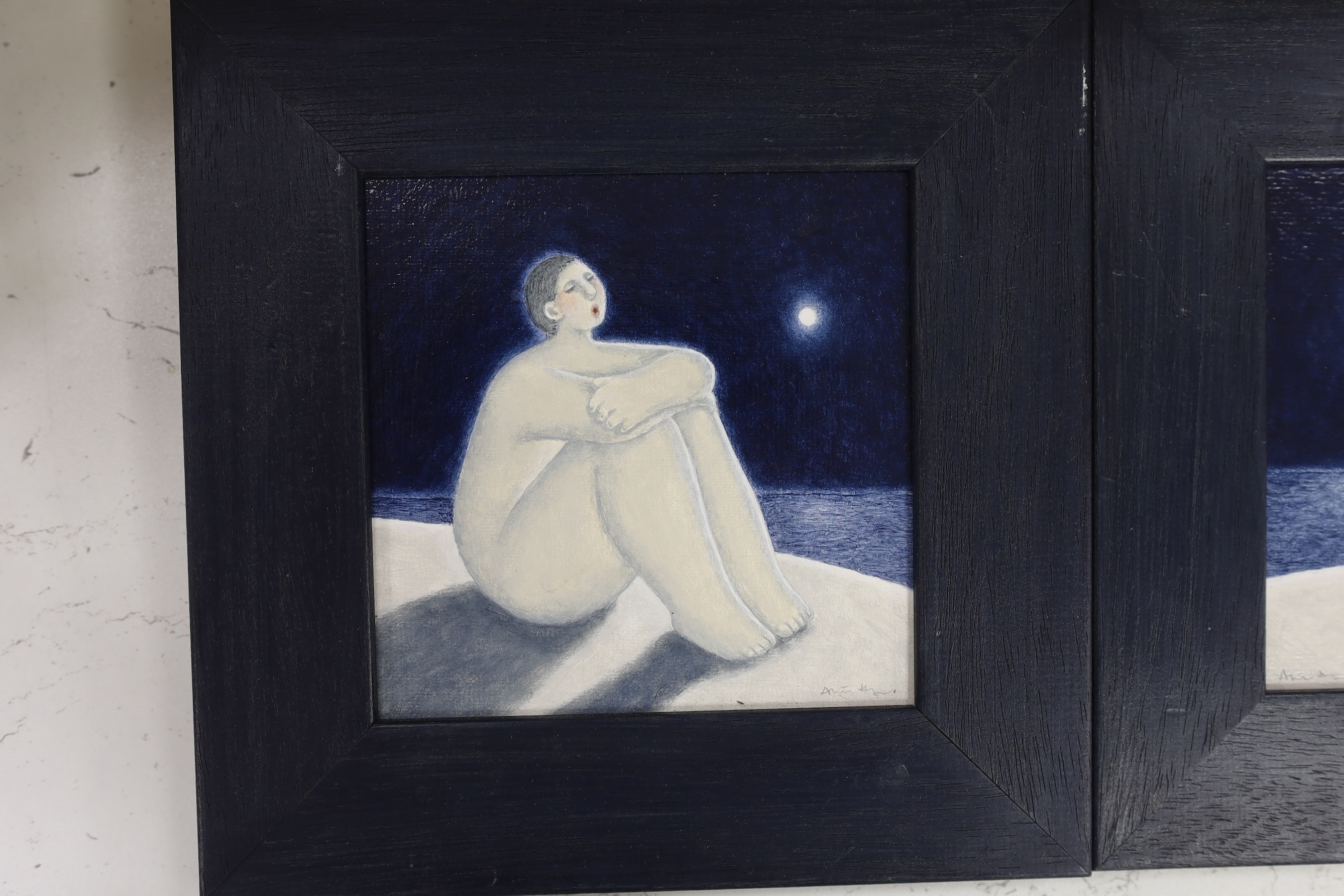 Aliisa Hyslop (b.1957), pair of contemporary acrylics on board, Moonlit landscapes with seated nude figures, signed, 13.5 x 13.5cm